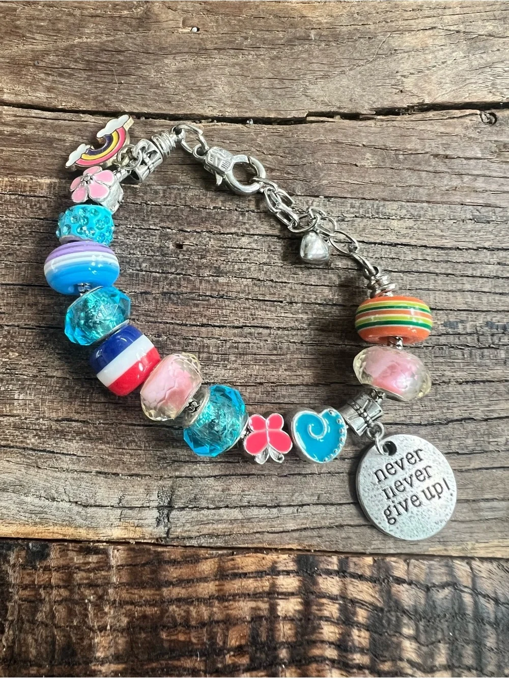 Rainbow Charm Bracelet with Pink Flower Bead